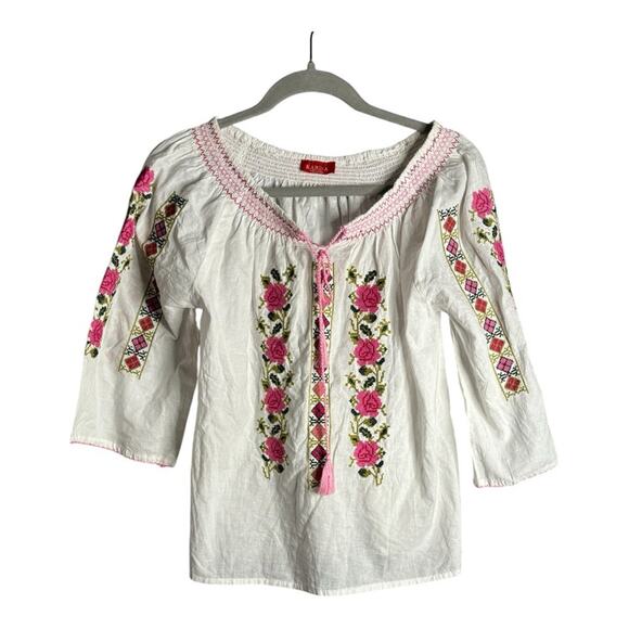 karina Tops - Karina White Top With Pink Floral Embroidery & Tassels Size Medium